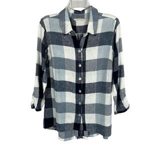 Soft Surroundings Carreaux Blue Plaid Linen Blend 3/4 Sleeve Zipper Back Shirt